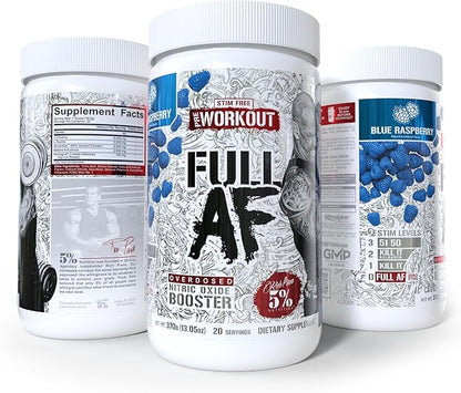 5% Nutrition FullAF Pre-Workout | Stim-Free with Massive Pumps | L-Citrulline, L-Taurine, Nitrosigine, GlycerSize | 13.05 oz (Blue Raspberry)