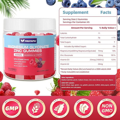 Magnesium Glycinate Gummies 600mg, 90 Ct Sugar Free Magnesium Gummies w/Zinc & Vitamin D3 & K2 - Magnesium Supplements for Sleep, Supports Bone Health, Nerve & Immune Function