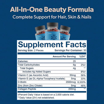 BIOMA Hair, Skin & Nails Beauty Gummies - Supports Growth & Strength with Biotin, Collagen, Zinc & Vitamins C & D - Gluten-Free - 180 Gummies (90-Day Supply, 3 Pack)