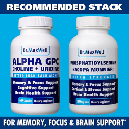 Alpha GPC 600mg + Uridine, a Choline Enhancer. Better Than Alpha-GPC or Uridine Alone. Best Choline Source: 2in1, Soy Free, No Fillers, USA, 60 Pills, Acetylcholine Precursor