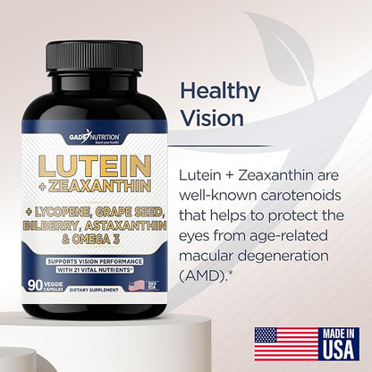 Gade Nutrition Lutein and Zeaxanthin Supplements | Astaxanthin, Omega 3, Resveratrol, Bilberry, Lycopene, Quercetin, Ginkgo Biloba, Vitamin D - Eye Health Vitamins, Eye Support, Health Vision Formula