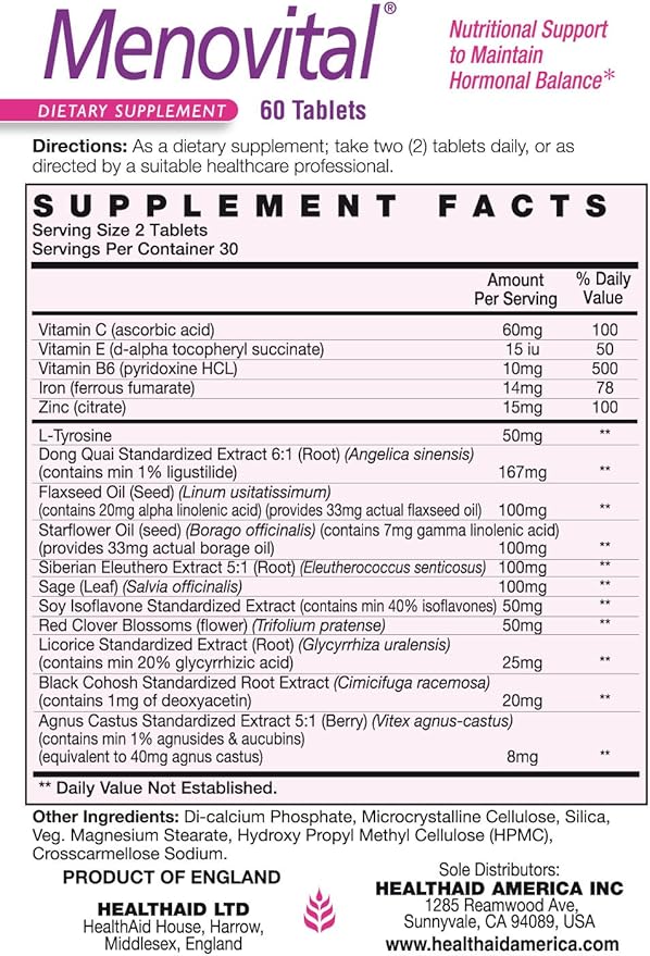 Menovital Nutritional Support to Maintain Hormonal Balance, 60 CT, Twice Daily, Helps Nutritional Support to Maintain Hormonal Balance, Rich in Natural Herbs, Vegetarian
