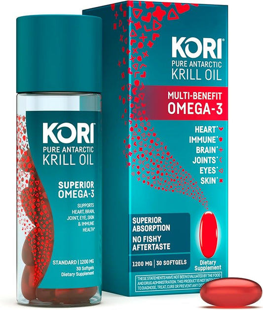 Kori Krill Oil Omega 3 Supplement, Antarctic Krill Oil with Superior Absorption vs Fish Oil, 1200mg Softgels, 30 Softgels, EPA & DHA