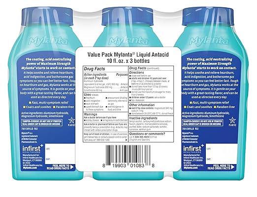 Mylanta Antacid and Anti-Gas, Maximum Strength Formula for Heartburn and Gas Relief, 3 Pack, Classic Flavor, 10 Fluid Ounce