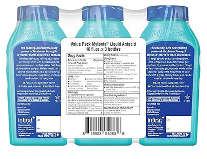 Mylanta Antacid and Anti-Gas, Maximum Strength Formula for Heartburn and Gas Relief, 3 Pack, Classic Flavor, 10 Fluid Ounce
