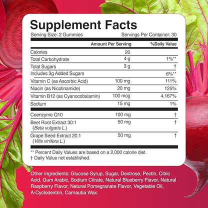 Beet Gummies with CoQ10-Nitric Oxide & Energy Support-Non-GMO Beetroot Powder & Grape Seed Extract- Natural Mixed Berry Flavor-60 Count