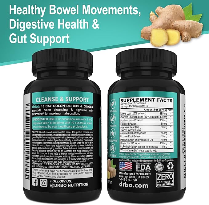 Colon Cleanser Detox for Weight Flush - 15 Day Colon Cleanse Pills with Ginger - Fast Natural Laxative, Constipation Relief, Bowel Movement Supplements for Intestinal Stomach Bloating Gut Loss Support