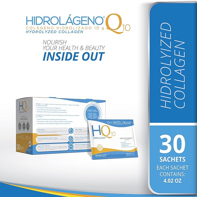 Hidrolageno Q10, Hydrolyzed Collagen, Vitamins, ZINC, Antioxidants, 30 sachets per pack, 4.2 Ounce, Pack of 1