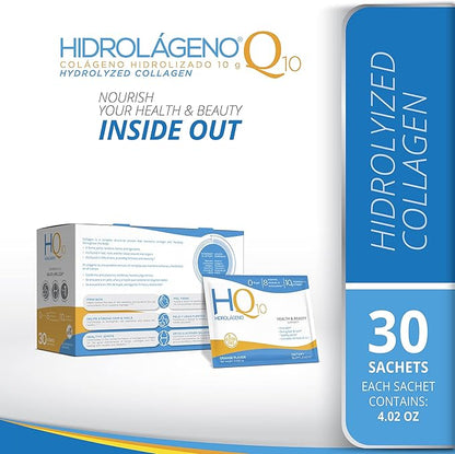 Hidrolageno Q10, Hydrolyzed Collagen, Vitamins, ZINC, Antioxidants, 30 sachets per pack, 4.2 Ounce, Pack of 1