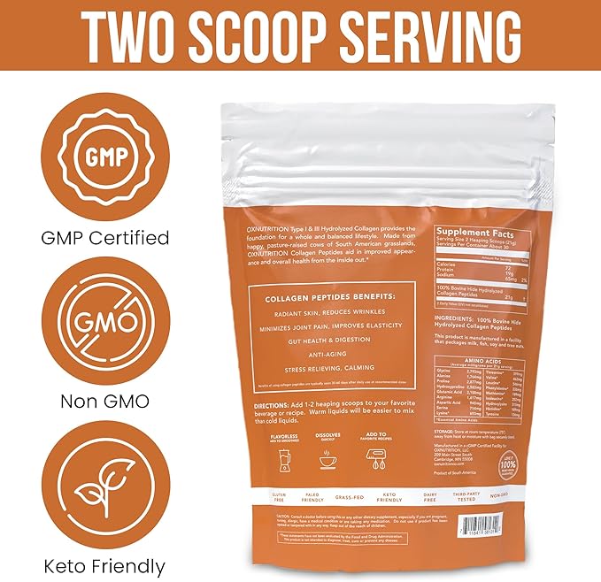 Collagen Peptides Powder, Large 22oz, Hydrolyzed Collagen, Collagen Powder for Healty Skin Hair Nail Joints, Grass Fed, Pasture Raised, Certified cGMP, Non-GMO, Gluten Free, 3P Tested Unflavored