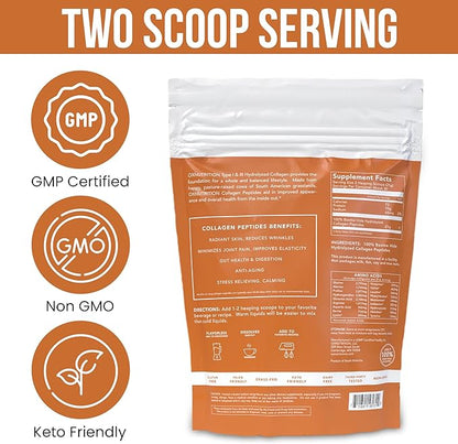 Collagen Peptides Powder, Large 22oz, Hydrolyzed Collagen, Collagen Powder for Healty Skin Hair Nail Joints, Grass Fed, Pasture Raised, Certified cGMP, Non-GMO, Gluten Free, 3P Tested Unflavored