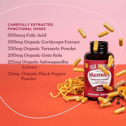 Four Sigmatic Memory Capsules | Reduce Brain Fog & Improve Memory | Nootropic Supplement for Brain Support with Cordyceps Mushroom, Gotu Kola, Turmeric, Ashwagandha & Folate | 30 Servings