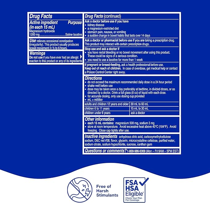 Phillips’ Milk of Magnesia Liquid Laxative, Wild Cherry Flavor, Stimulant Free, Cramp Free Relief of Occasional Constipation*, Effective in 30 minutes - 6 hours, #1 Milk of Magnesia Brand, 26 oz
