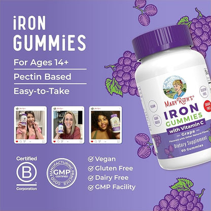 MaryRuth's Iron Gummies for Ages 14+ | with Vitamin C for Absorption | Sugar Free | Gummy Iron Supplement + VIT C | Energy Metabolism | Cellular Health | Immune Support | Vegan | Non-GMO | 60 Count