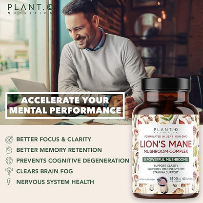 Plant.O Premium Lion's Mane Supplement, All Natural Nootropics Brain Supplement, 5 Mushroom Complex – Lion’s Mane, Reishi, Chaga, Maitake, Shiitake for Immunity, Focus, Mood & Memory Boost, 90 Caps