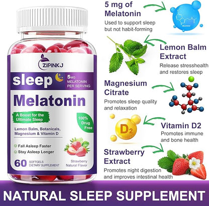 Sleep Support Supplement Softgels, Sleep Aids for Adults, Sleep Supplement with Melatonin 5mg, Vitamin D2, Magnesium, and Lemon Balm, Strawberry Extract, Gluten-Free, Vegan & Non-GMO, 60 Count
