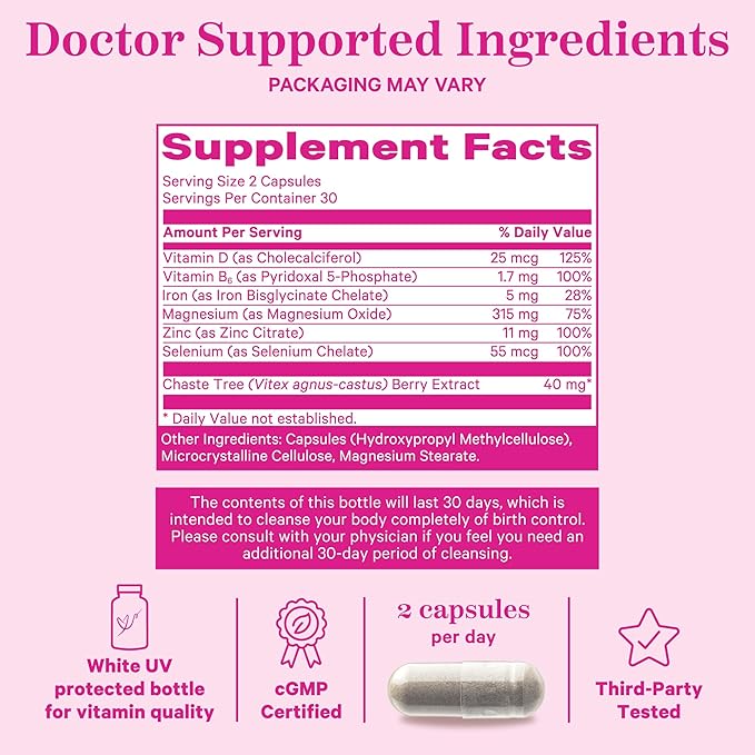 Pink Stork Birth Control Cleanse to Support Hormone Balance, with Chaste Tree Berry (Vitex), Magnesium, and Selenium, Period Support for Conception, Fertility Supplements for Women - 60 Capsules
