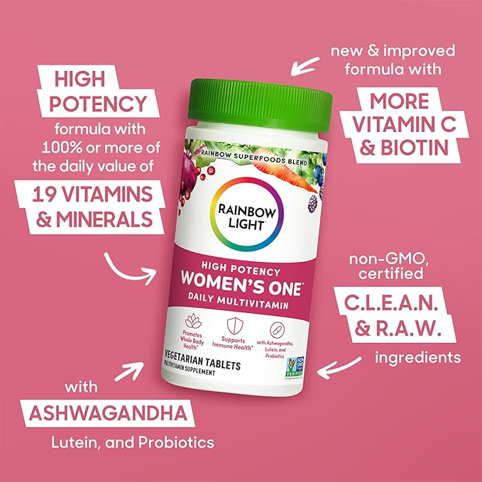 Rainbow Light Womens One High-Potency Daily Multivitamin, Womens Multivitamin Provides High-Potency Immune Support, With Vitamin C, Biotin and Ashwagandha, Vegetarian, 60 Count