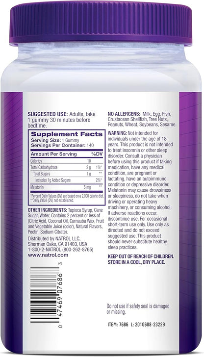 Natrol Melatonin Gummies, Sleep Support, 140 Strawberry-Flavored Adult Melatonin Gummies, 5 mg Sleep Aids for Adults