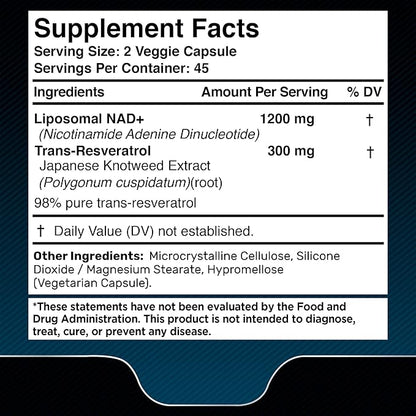NAD Supplement, 1500mg - Liposomal NAD+ Supplement with Resveratrol, NAD Plus Boosting - Support Cellular Health, Stamina & Healthy Aging - Ultra Strength Capsules, USA Made - 2 Pack