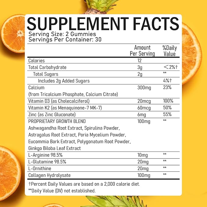 Height Growth Supplement Gummies - Growth Development Vitamins to Grow Taller with Ashwagandha Calcium Vitamin D3 K2 Zinc L-Arginine for Kids Teens Adult - Bone Strength Support Multivitamins