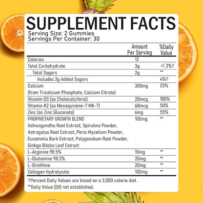 Height Growth Supplement Gummies - Growth Development Vitamins to Grow Taller with Ashwagandha Calcium Vitamin D3 K2 Zinc L-Arginine for Kids Teens Adult - Bone Strength Support Multivitamins