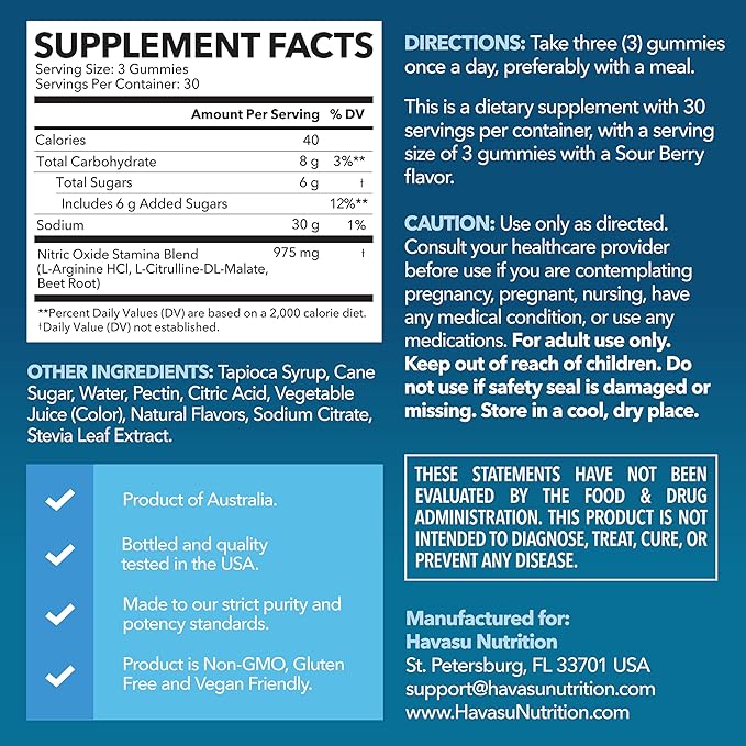 L-Arginine Gummies with L-Citrulline and Beet Root - Nitric Oxide Supplement - 90 Count - Energy, Endurance, and Recovery Support - Vegan, Non-GMO - Energizing Sour Berry Flavor, 30-Day Serving