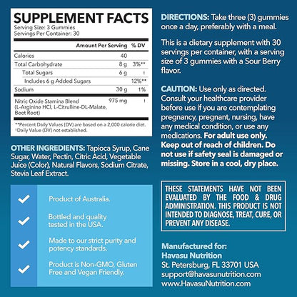 L-Arginine Gummies with L-Citrulline and Beet Root - Nitric Oxide Supplement - 90 Count - Energy, Endurance, and Recovery Support - Vegan, Non-GMO - Energizing Sour Berry Flavor, 30-Day Serving
