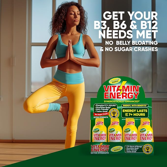 Vitamin Energy B12 Extra Strength Daily Energy Shot – Mango – 260mg Natural Caffeine, 11,000% B12, B6 – Focus & Vitality Support – Zero Sugar, Vegan, Kosher, Gluten-Free – 1.93 fl oz, 8-Pack