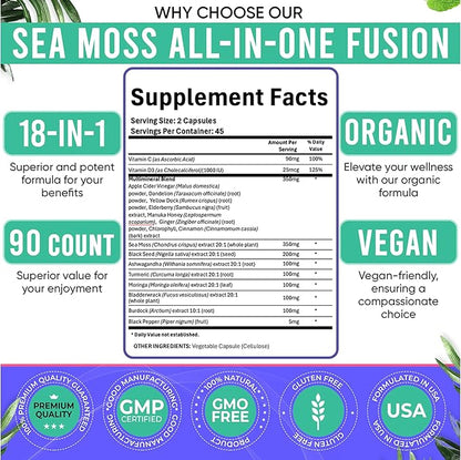 Sea Moss Black Seed Oil Ashwagandha Ginger Capsules. Sea Moss Capsules with Black Seed Oil, Ashwagandha, Turmeric, Moringa, Bladderwrack, Burdock Root, Manuka Honey, Cinnamon. 180 Count