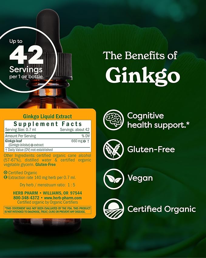 Herb Pharm Certified Organic Ginkgo Liquid Extract for Memory and Concentration - 1 Ounce (781468)
