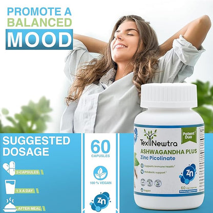 Ashwagandha & Zinc Picolinate Supplement - 300mg Ashwagandha Root Extract & 15mg Zinc per Capsule - 60 Capsules