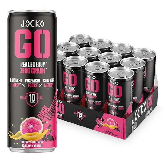 Jocko GO Energy Drink - KETO, Vitamin B12, Vitamin B6, Electrolytes, L Theanine, Magnesium- Energy Boost, Sugar Free Nootropic Monk Fruit Blend - 12 Pack (Pink Lemonade)