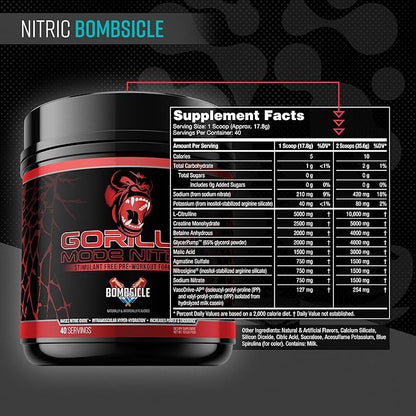 Gorilla Mode Nitric Upgraded Stimulant Free Pre-Workout – Best Tasting and Most Effective Stimulant Free Pre-Workout/Massive Pumps · Vasodilation · Power / 768 Grams (Bombsicle)