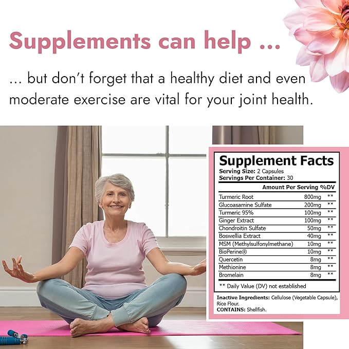 Joint Support Supplement. 11 Ingredients. 60 Capsules. USA Made. Turmeric Supplement with Quercetin, Bromelain, Glucosamine Chondroitin, Methionine, Ginger, Boswellia