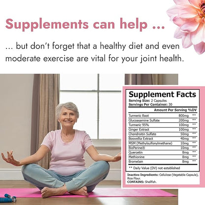 Joint Support Supplement. 11 Ingredients. 60 Capsules. USA Made. Turmeric Supplement with Quercetin, Bromelain, Glucosamine Chondroitin, Methionine, Ginger, Boswellia