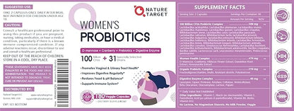 NATURE TARGET Probiotics for Women, 100 Billion CFUs Probiotic with Digestive Enzymes & Prebiotics, Vaginal Probiotics with Cranberry for Urinary Tract Health, pH Balance, 180 Veggie Capsules