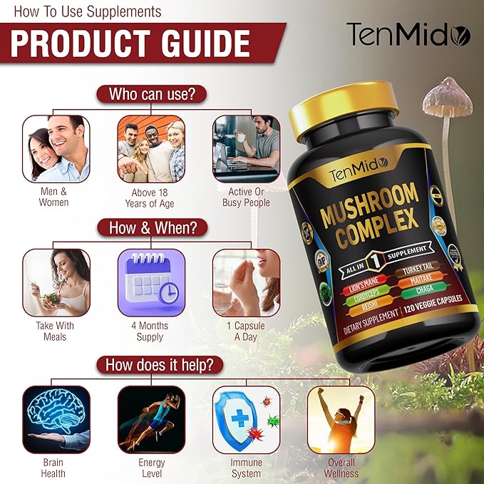 Mushroom Complex Supplement - 13in1 Formula - Blend Lion's Mane Mushroom, Cordyceps Sinensis, Reishi, Turkey Tail, Maitake, Chaga, Shiitake, Enoki, & More - 120 Capsules for 4 Months Supply