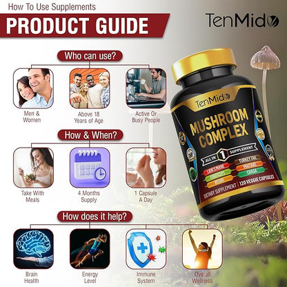 Mushroom Complex Supplement - 13in1 Formula - Blend Lion's Mane Mushroom, Cordyceps Sinensis, Reishi, Turkey Tail, Maitake, Chaga, Shiitake, Enoki, & More - 120 Capsules for 4 Months Supply
