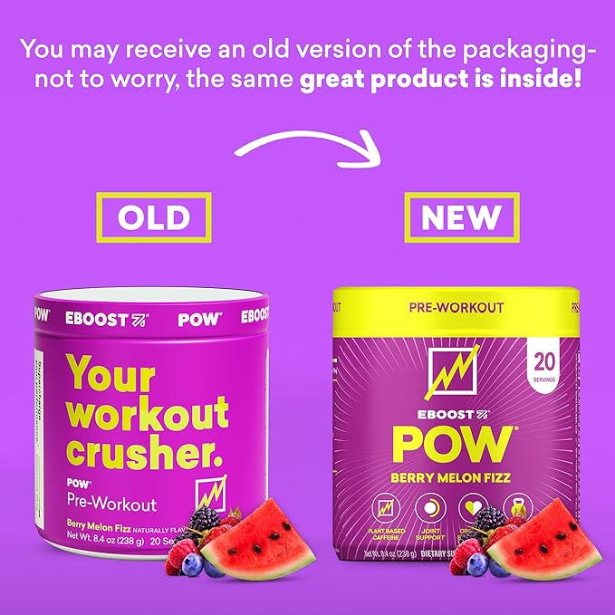EBOOST POW Natural Pre Workout Powder - 20 Servings - Berry Melon Fizz - Pre Workout Supplement for Performance, Joint Mobility Support, Energy, Focus - Men & Women - Non-GMO, Gluten-Free, No Creatine
