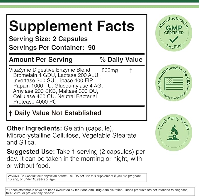 Digestive Enzymes - 800mg Blend of All 10 Most Essential Digestive and Pancreatic Enzymes (Amylase, Lipase, Bromelain, Lactase, Papain, Protease, Cellulase, Maltase, Invertase) by Double Wood