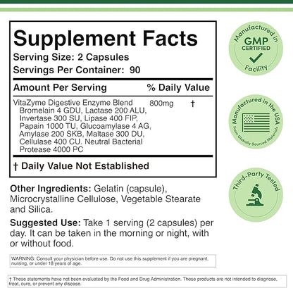 Digestive Enzymes - 800mg Blend of All 10 Most Essential Digestive and Pancreatic Enzymes (Amylase, Lipase, Bromelain, Lactase, Papain, Protease, Cellulase, Maltase, Invertase) by Double Wood