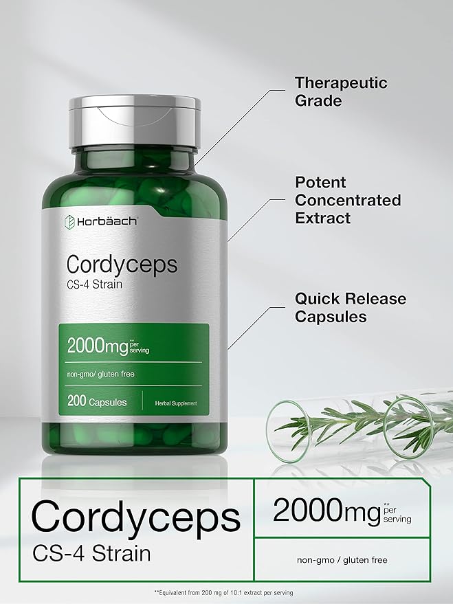 Horbäach Cordyceps Mushroom Capsules 2000mg | 200 Count | CS-4 Strain Cordyceps Sinesis | Non-GMO Herbal Supplement