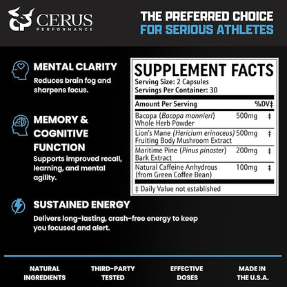 Cerus Performance Focus Nootropic Supplement - Enhances Mental Clarity, Boosts Memory & Cognitive Function, Improves Alertness - Ideal for Athletes & Fitness Enthusiasts - 60 Capsules
