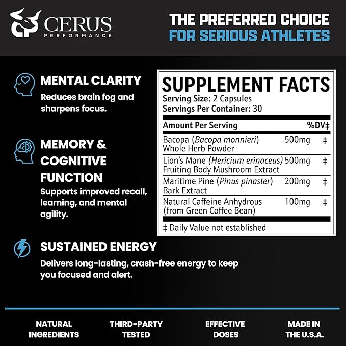 Cerus Performance Focus Nootropic Supplement - Enhances Mental Clarity, Boosts Memory & Cognitive Function, Improves Alertness - Ideal for Athletes & Fitness Enthusiasts - 60 Capsules
