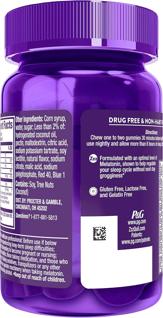 ZzzQuil Pure Zzzs, Melatonin Sleep Aid Gummies with Lavender, Valerian Root and Chamomile, Natural Wildberry Vanilla Flavor, Non-Habit Forming, Drug-Free, 48 Count (Pack of 3)