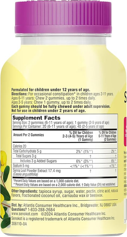 Senokot Kids Mixed Berry Laxative Gummies for Age 2+, Senna Extract for Gentle, Overnight Relief from Occasional Constipation, 40 ct