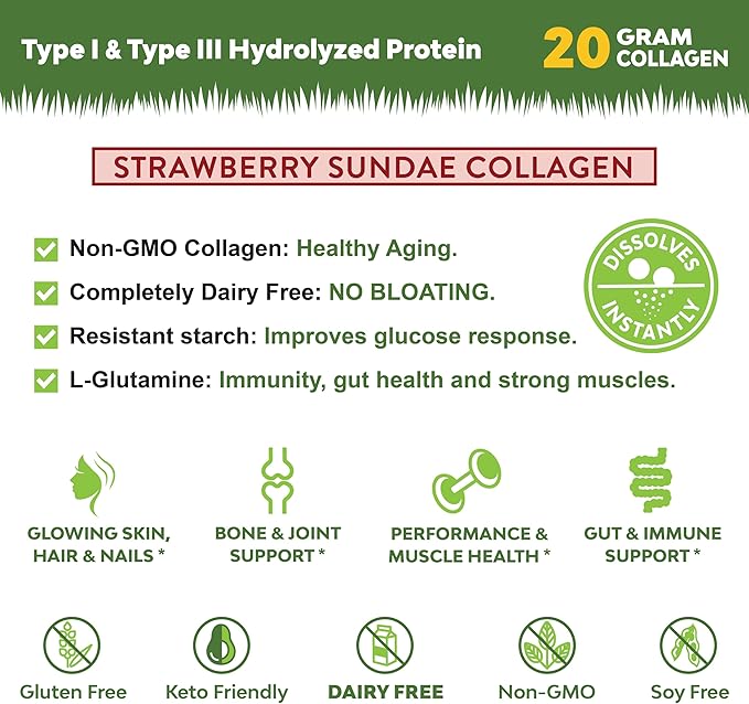 MariGold Grass-fed Collagen Peptides Powder Strawberry Sundae 1LB - 100% Pure, Type I & III Bovine Hydrolyzed Collagen, Non-GMO, Hormone Free, Soy Free, Gluten Free, Dairy Free, Keto-Friendly