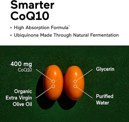 Smarter Nutrition CoQ10 400 mg High Absorption - Naturally Fermented Ubiquinone w/Organic Cold-Pressed Olive Oil - for Heart Health, Cellular Energy - Non-GMO, Gluten Free - 60 Count[30-Day Supply]