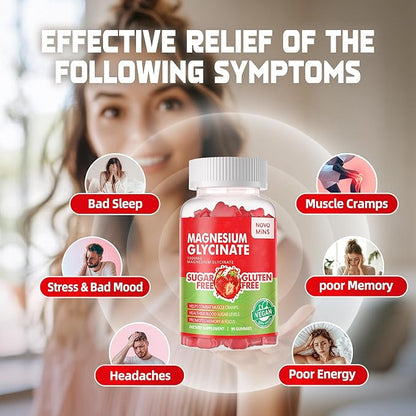 90 CT Magnesium Glycinate Gummies - Sugar Free Magnesium Potassium Supplement with Vitamin D, B6, CoQ10 for Calm Mood & Sleep Support - 90 Strawberry Gummies